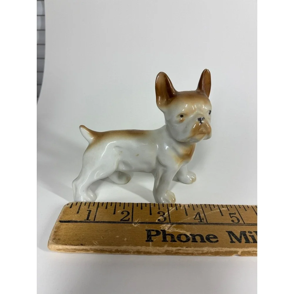 Vintage Japanese Porcelain French Bulldog Figurine White Brown Hand Painted